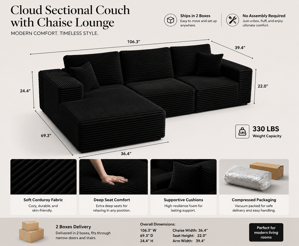 Arvella Noir Cloud Sectional Sofa